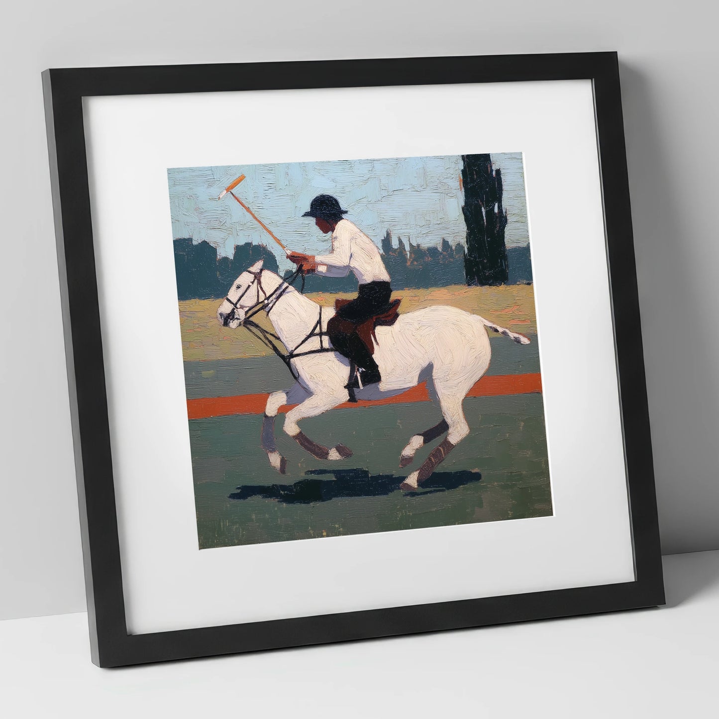 The Decisive Swing polo horse art print in black frame