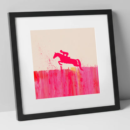 Vibrant Magenta Leap show jumping horse art print in black frame