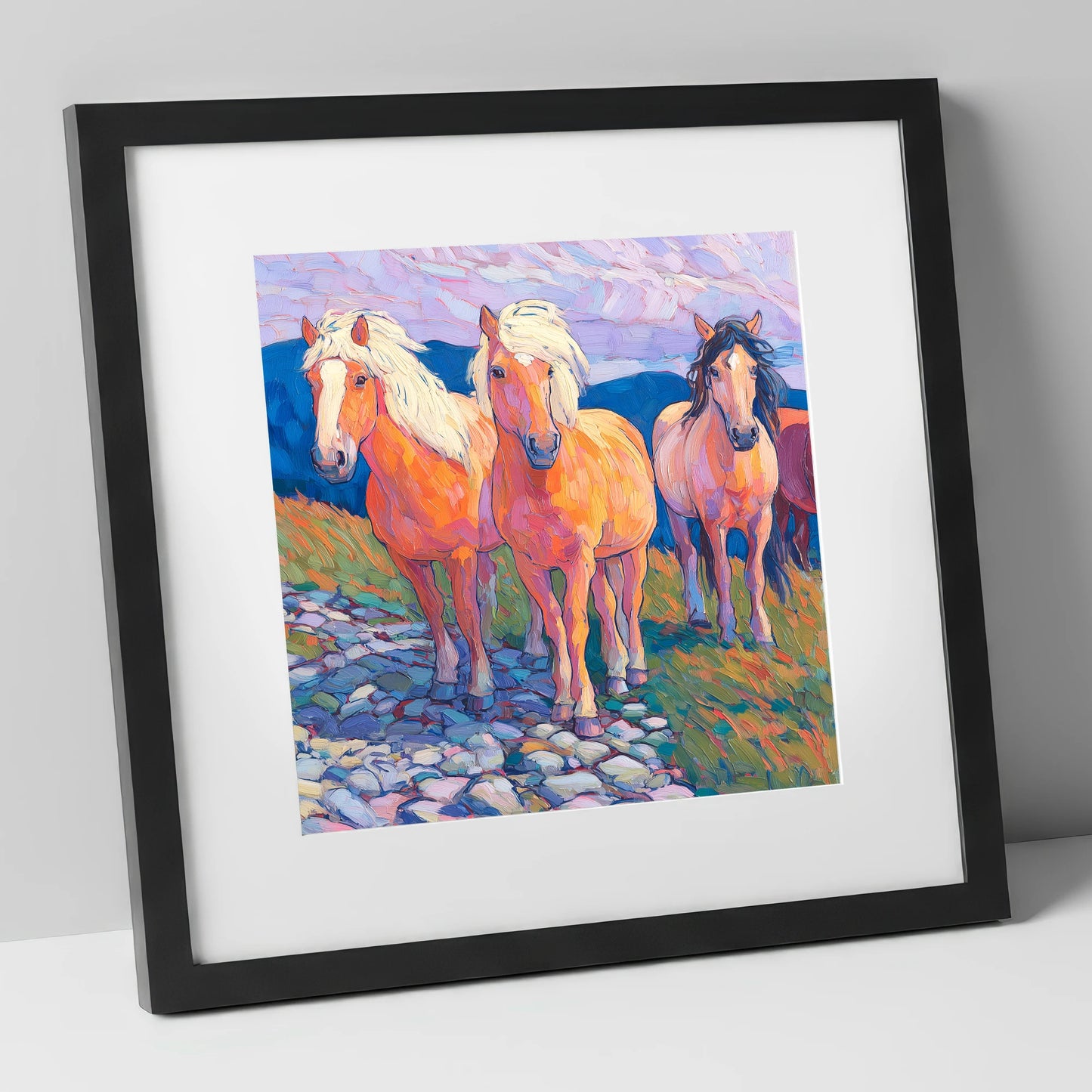 Painted Highland Herd horse landscape art print in black frame