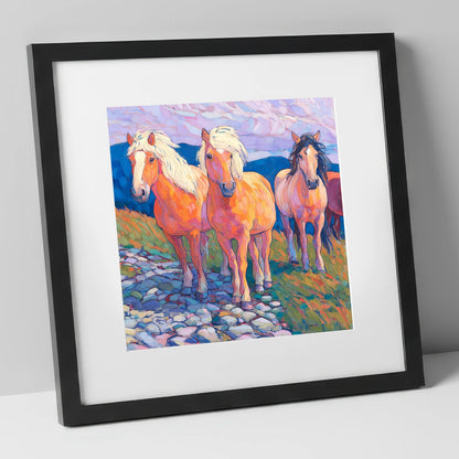Painted Highland Herd horse landscape art print in black frame