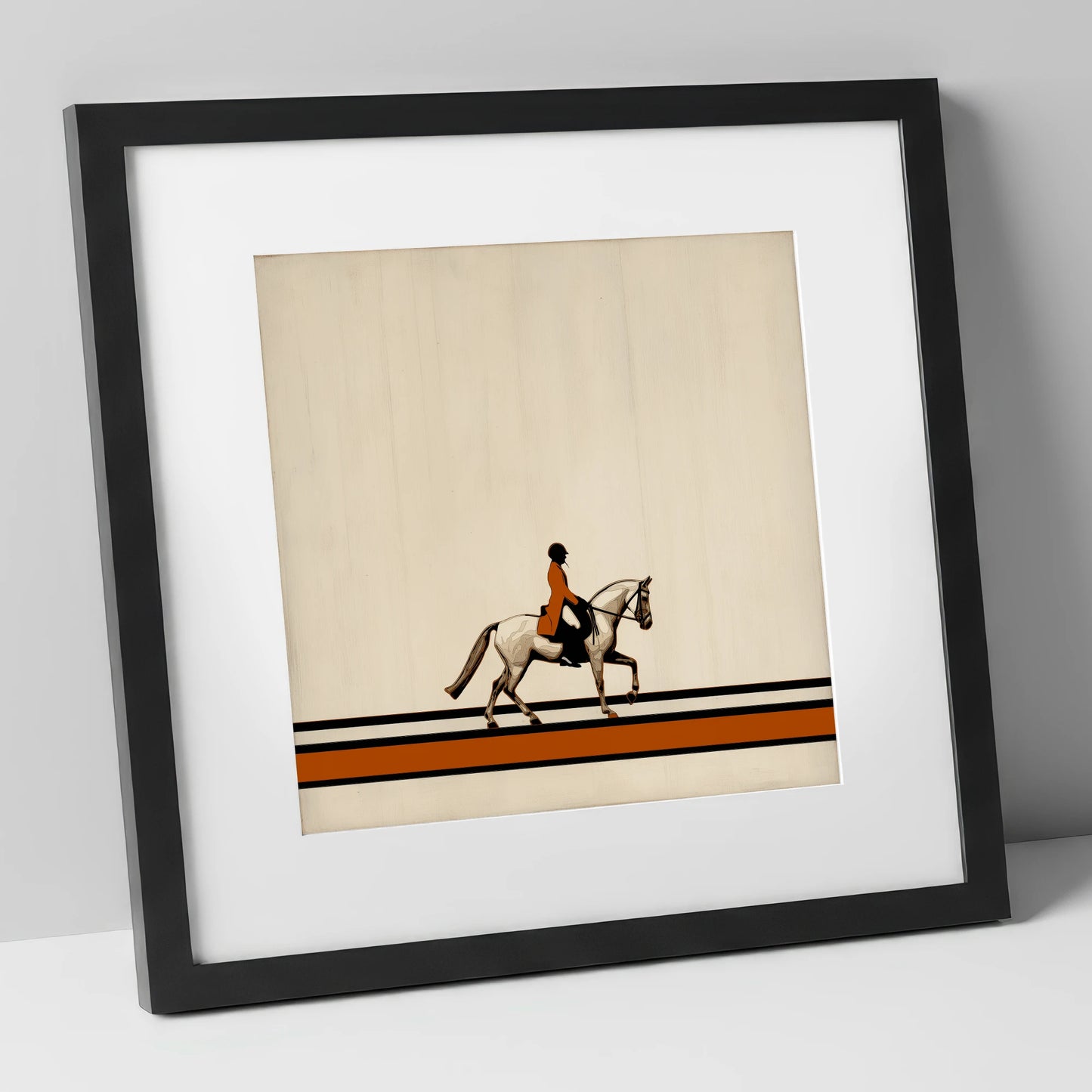 Precision in Burnt Orange dressage horse art print in black frame