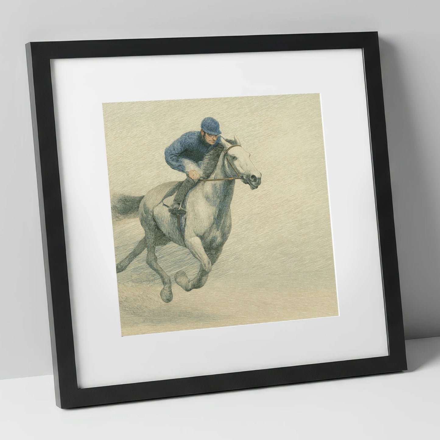 Racing the Grey racing horse art print in black frame