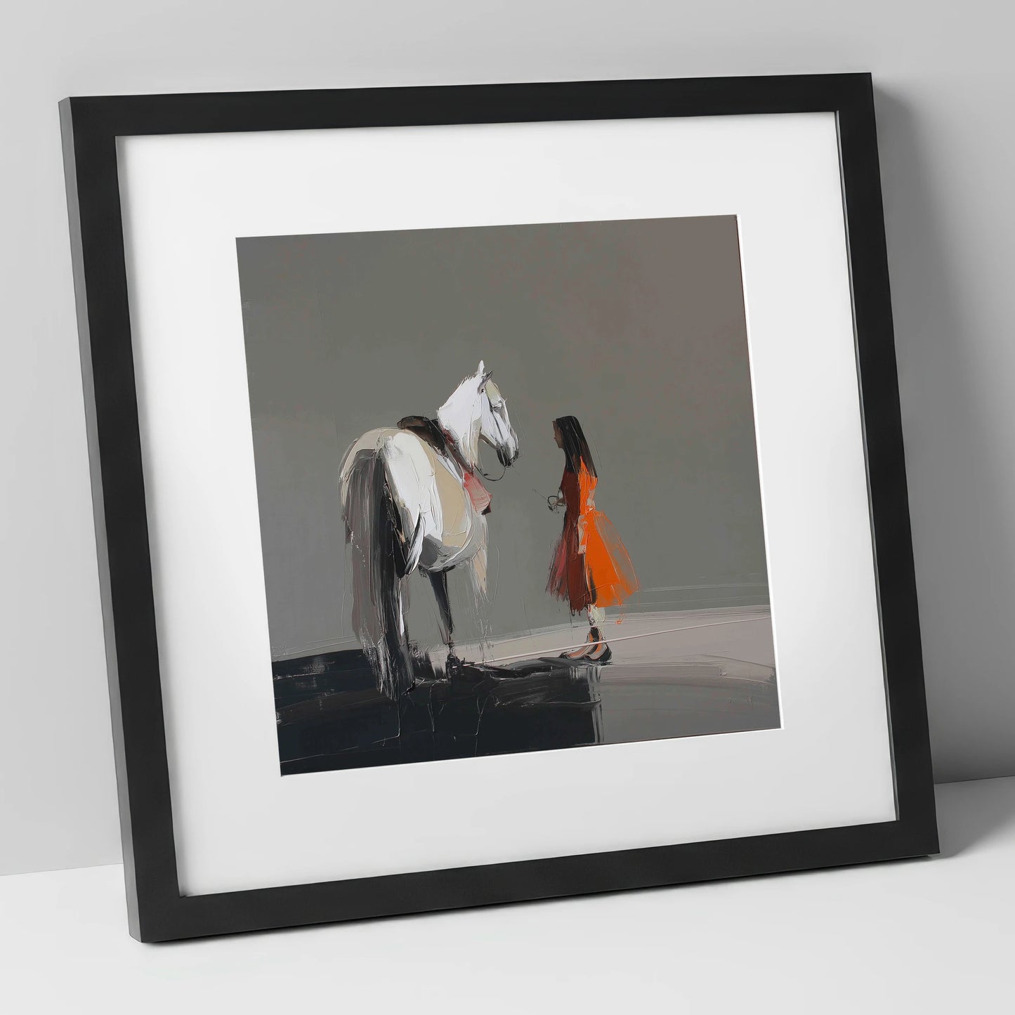 A Silent Dialogue horse & rider art print in black frame