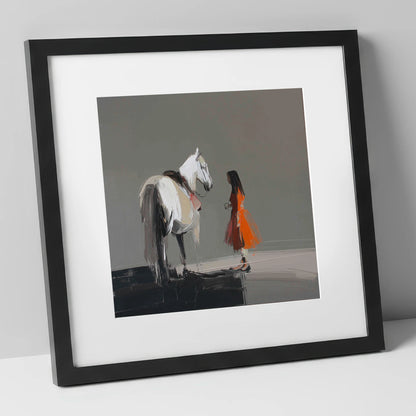 A Silent Dialogue horse & rider art print in black frame