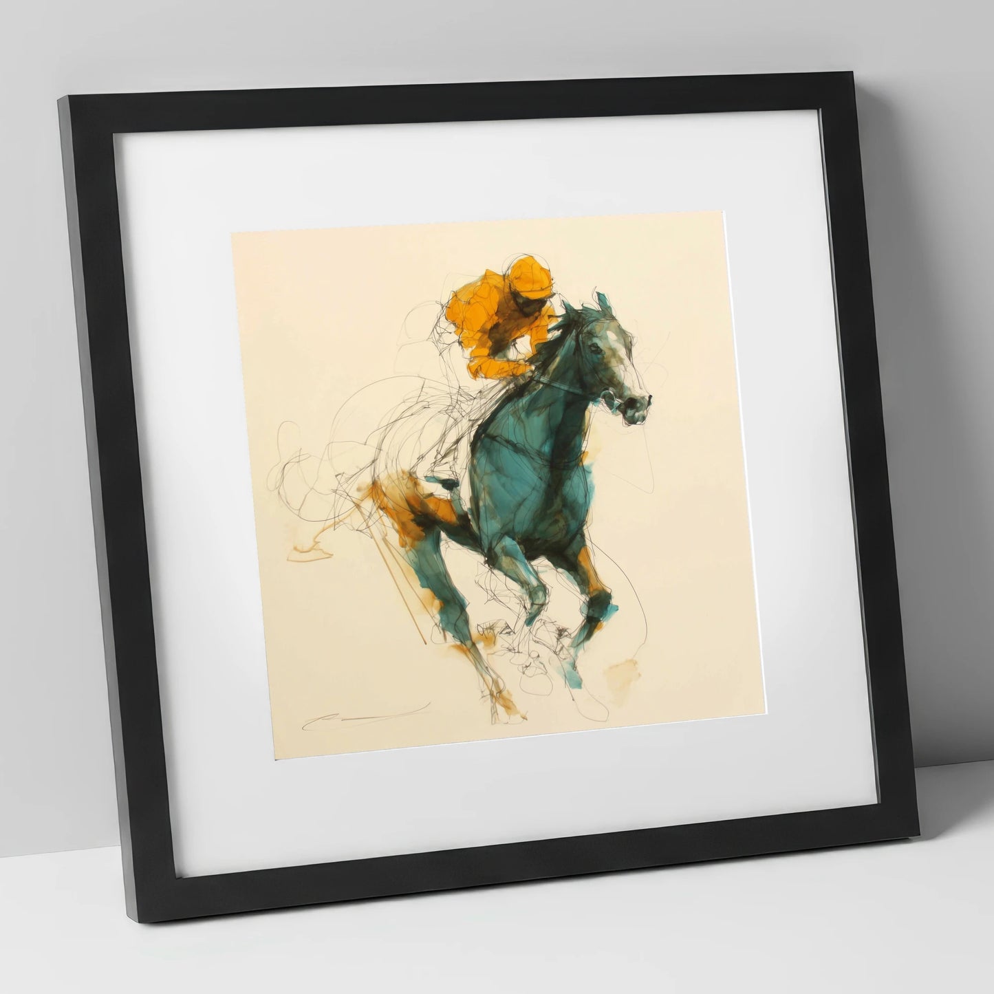 The Amber Surge racing horse art print in black frame