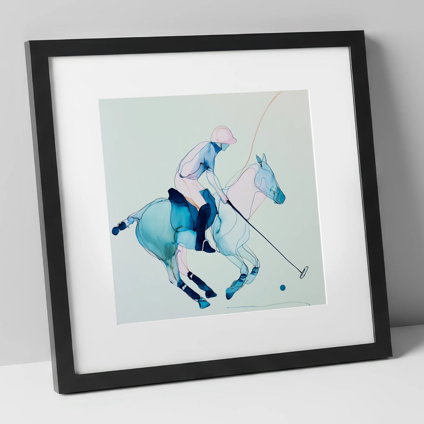Cerulean Chukka polo horse art print in black frame