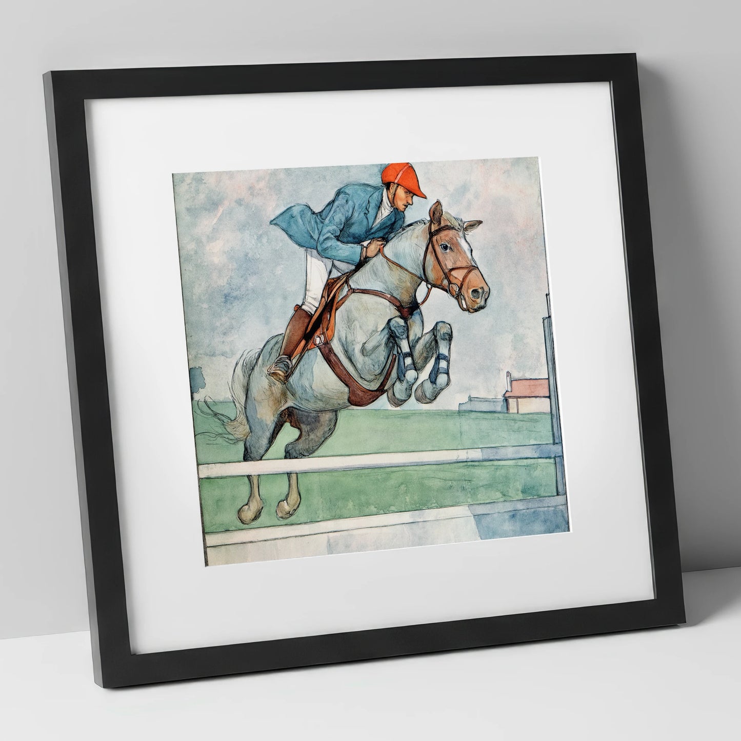 Clearing the White Rail show jumping horse art print in black frame