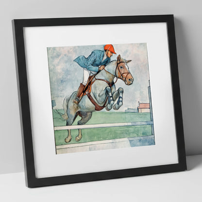 Clearing the White Rail show jumping horse art print in black frame