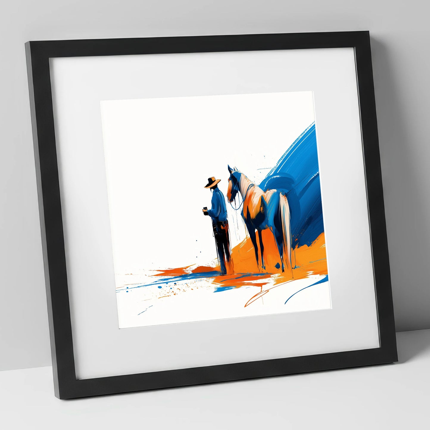 Bold Western Bond horse & rider art print in black frame