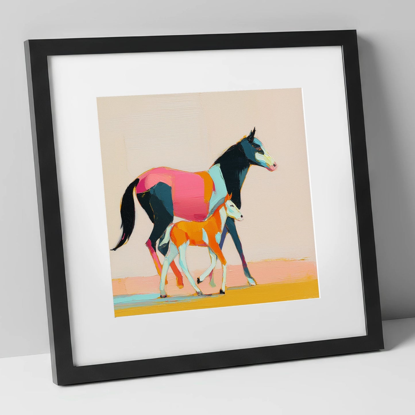 Vivid Strides mare & foal art print in black frame