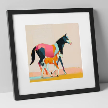 Vivid Strides mare & foal art print in black frame