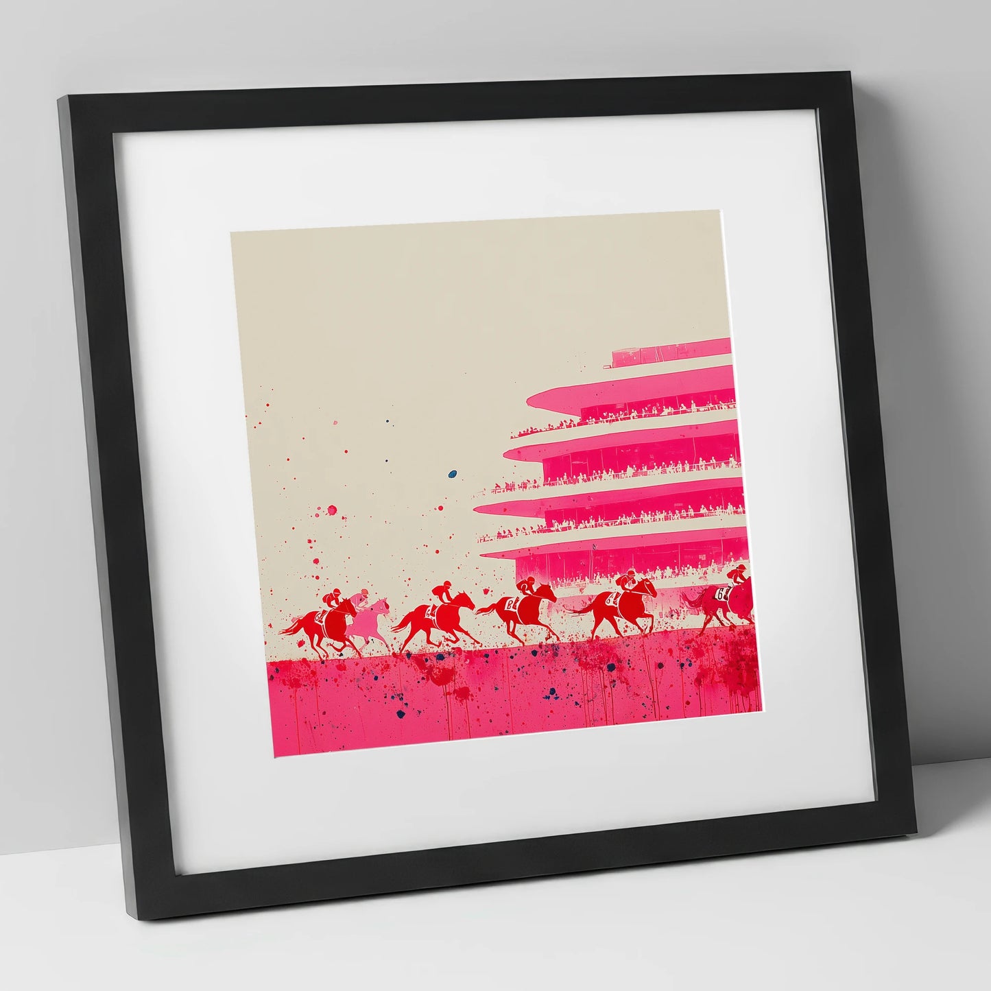 Magenta Grandstand Sprint racing horse art print in black frame