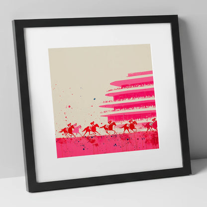 Magenta Grandstand Sprint racing horse art print in black frame