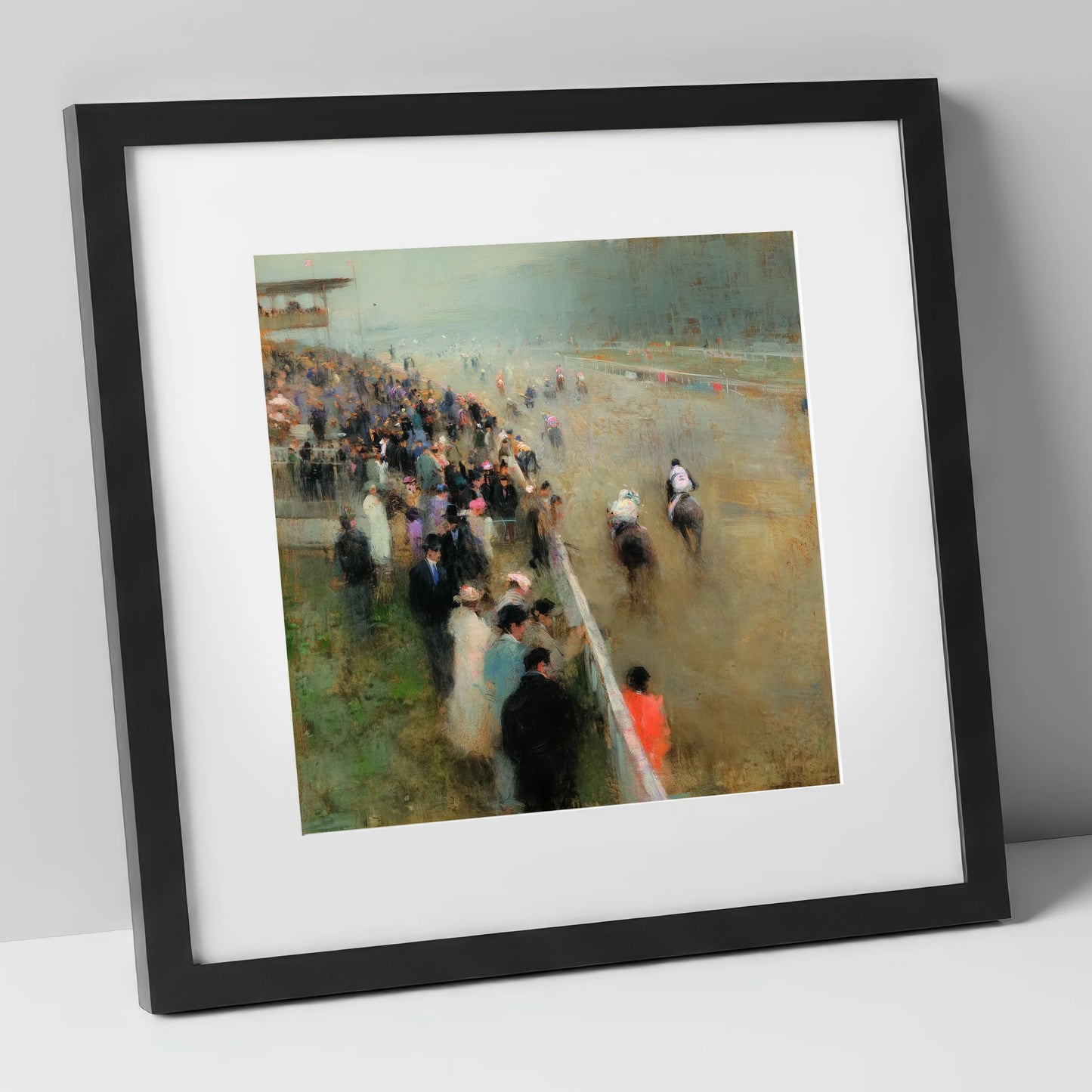 Trackside Anticipation racing horse art print in black frame