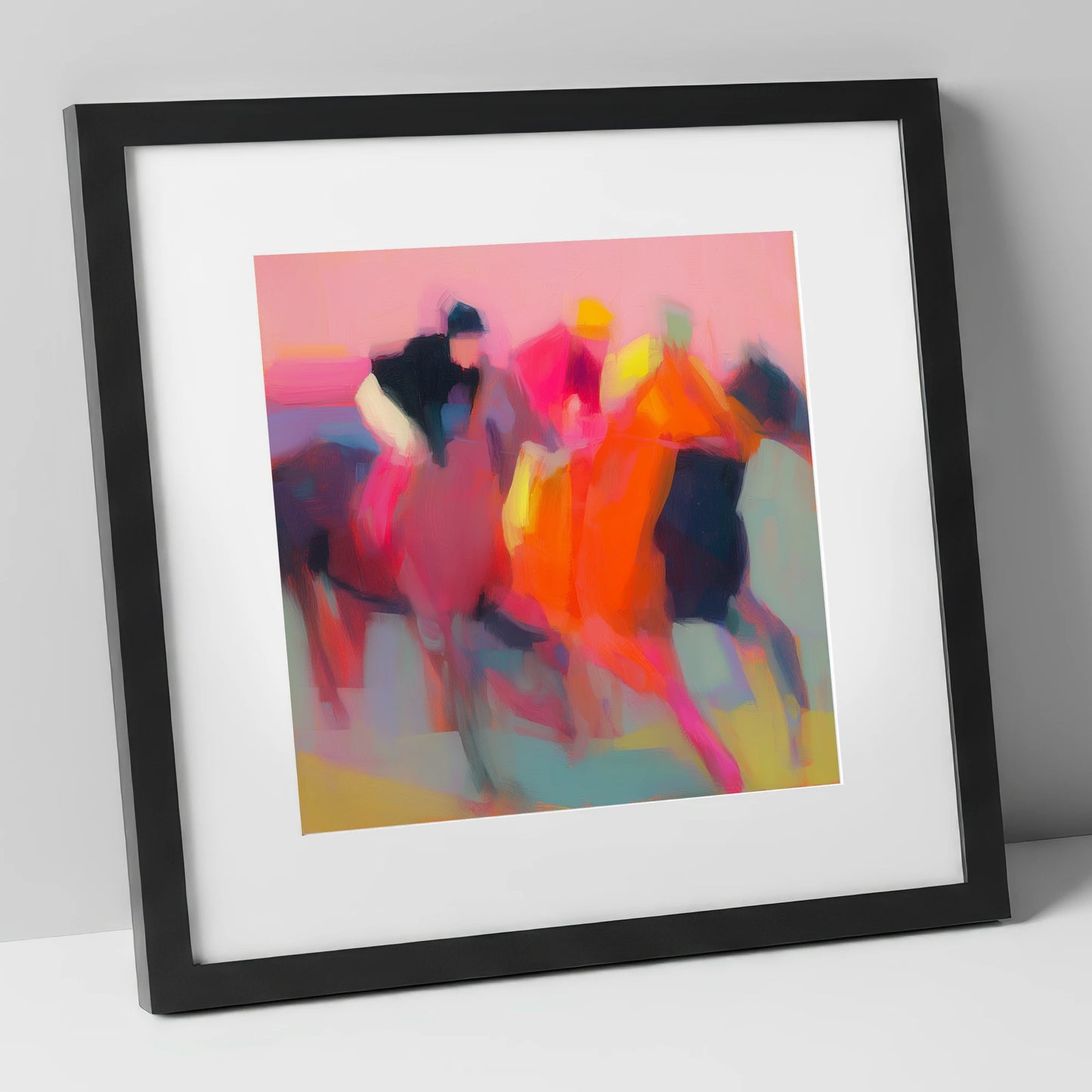 Vibrant Furlong racing horse art print in black frame