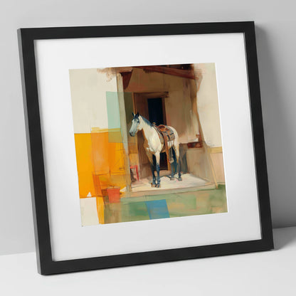 The Waiting Grey horse stable art print in black frame