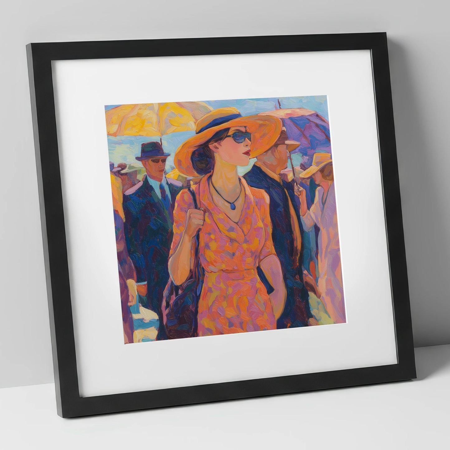 Race Day Glamour racing horse art print in black frame