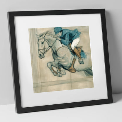 Suspended Flight show jumping horse art print in black frame