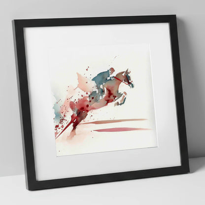 Crimson Ascent show jumping horse art print in black frame