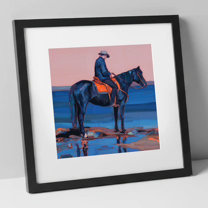 Indigo Shoreline Rider beach horse art print in black frame