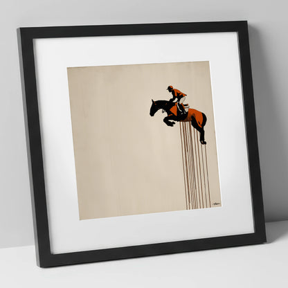 Suspended Flight show jumping horse art print in black frame