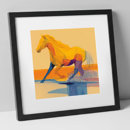 Vibrant Coastal Canter beach horse art print in black frame
