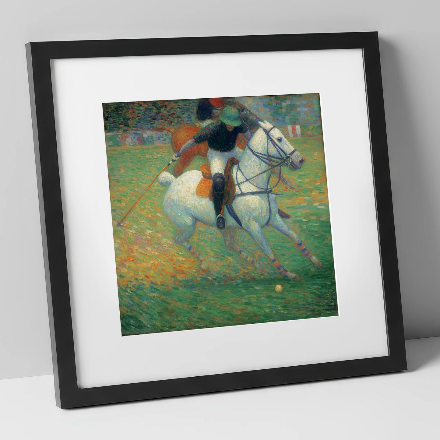 Luminous Polo Charge polo horse art print in black frame