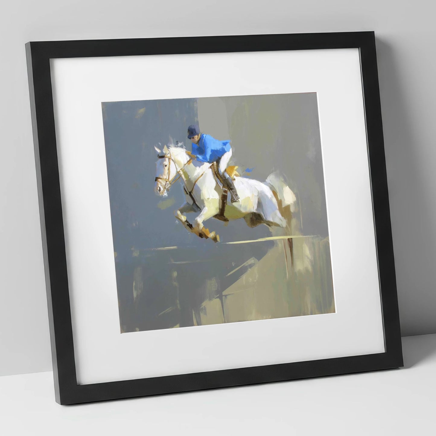 Suspension in Slate show jumping horse art print in black frame