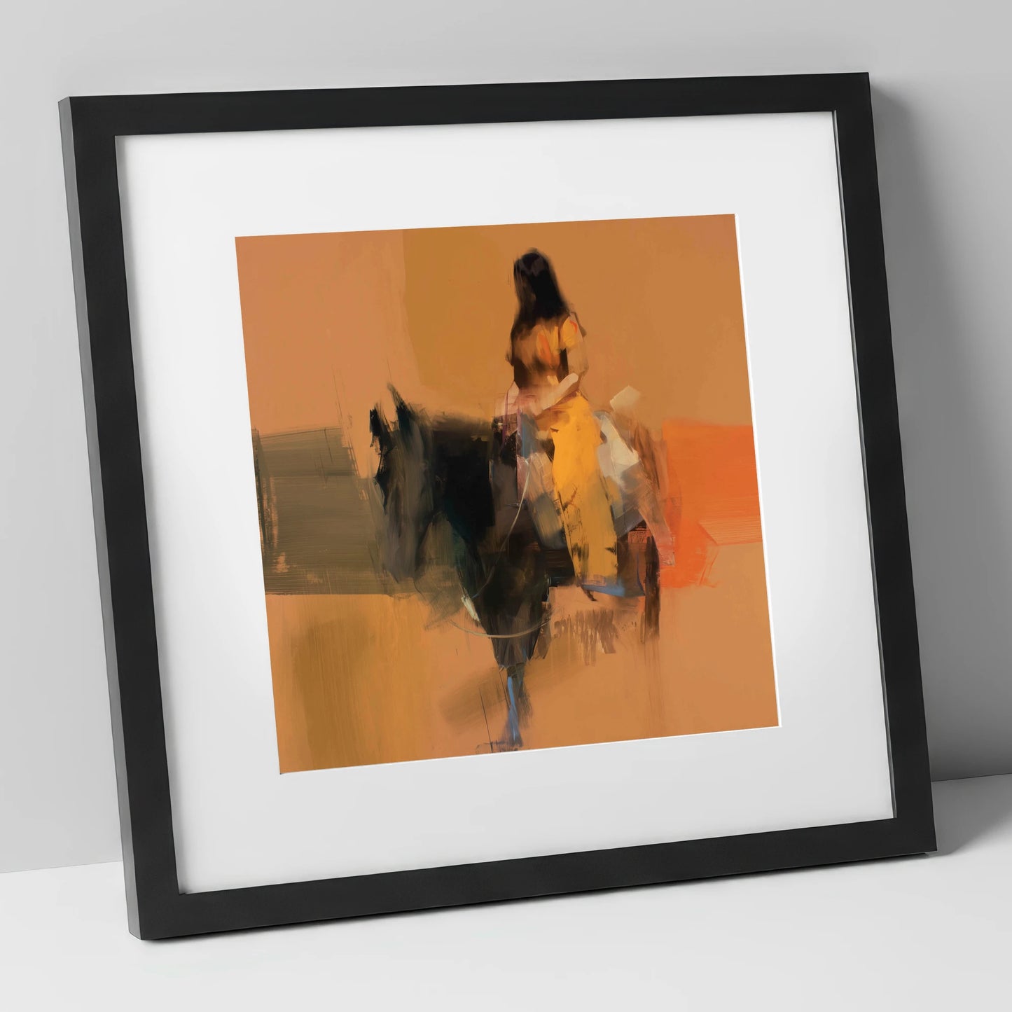 Ochre Rider horse & rider art print in black frame