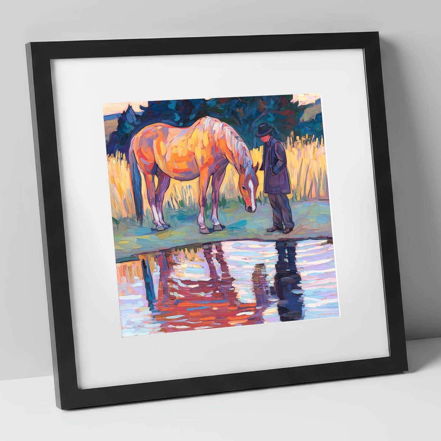 Quiet Reflections horse & rider art print in black frame