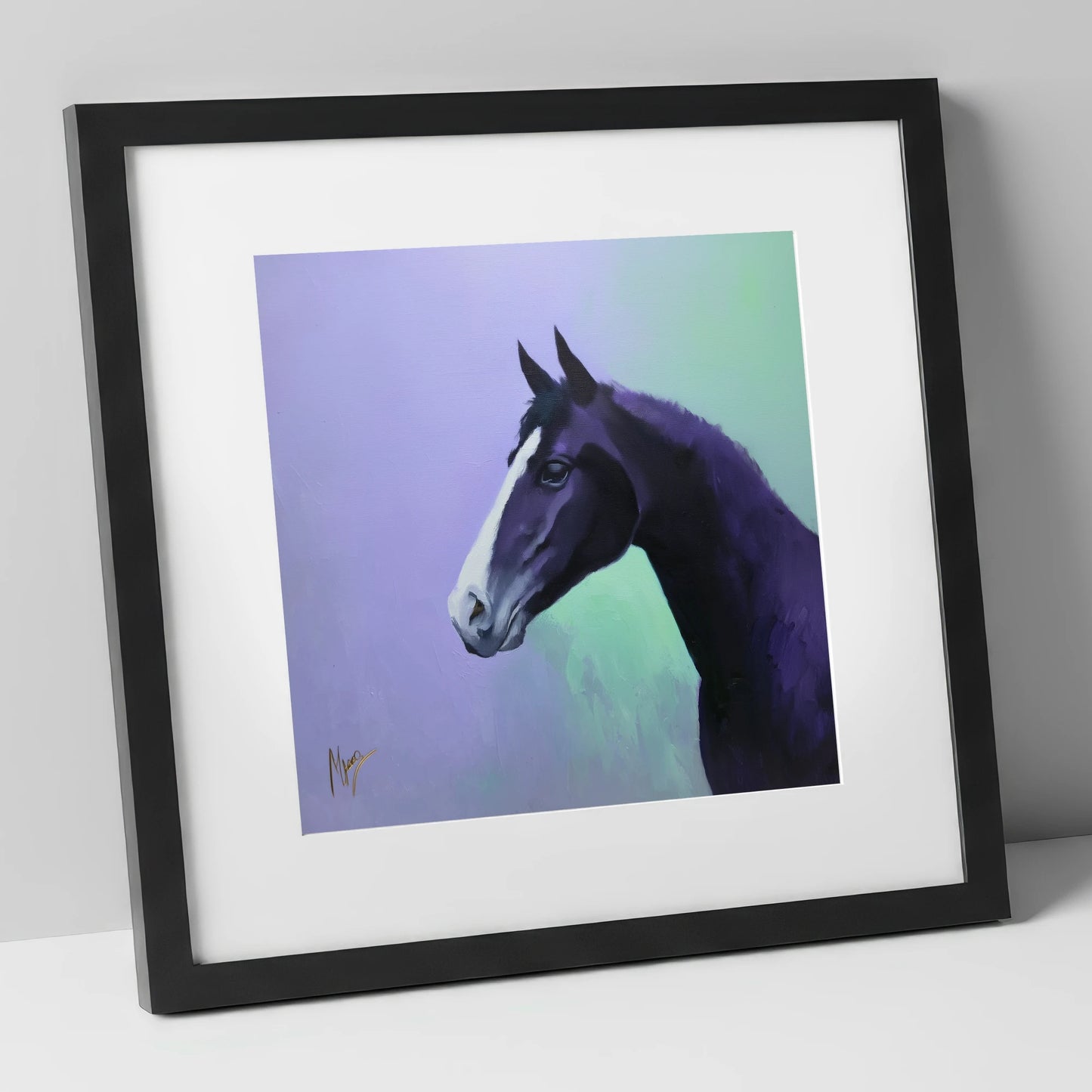 Amethyst Equine Profile horse portrait art print in black frame