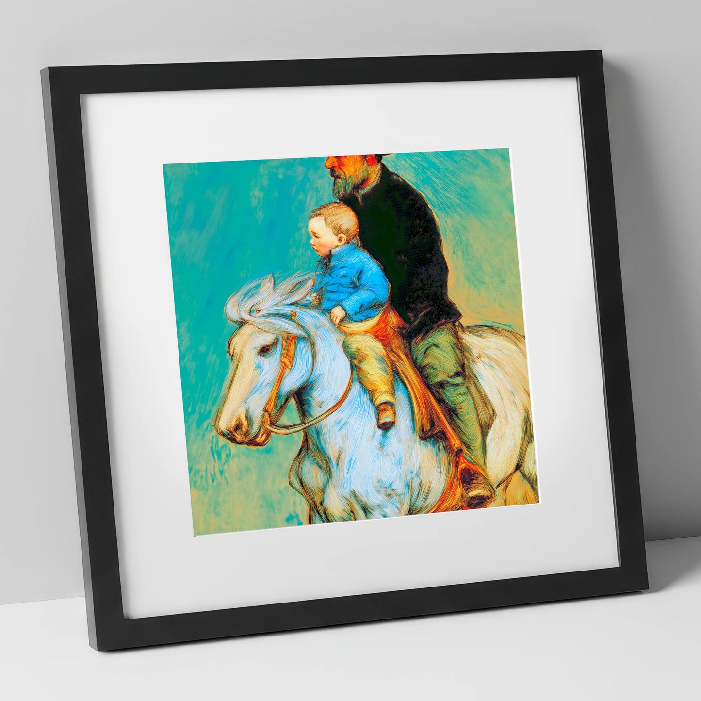 The Guiding Hand horse & rider art print in black frame