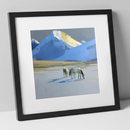 Golden Peak Grazing horse landscape art print in black frame