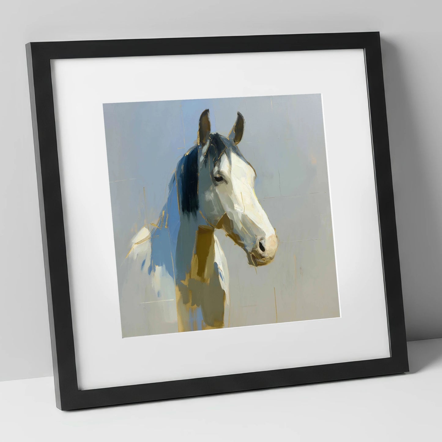 Luminous Morning Watch horse portrait art print in black frame