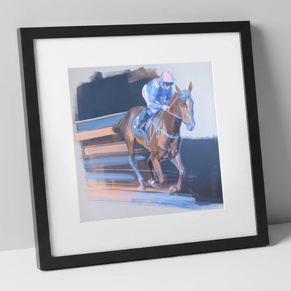 Velocity in Blue racing horse art print in black frame