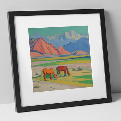 Vibrant Valley Pastures horse landscape art print in black frame