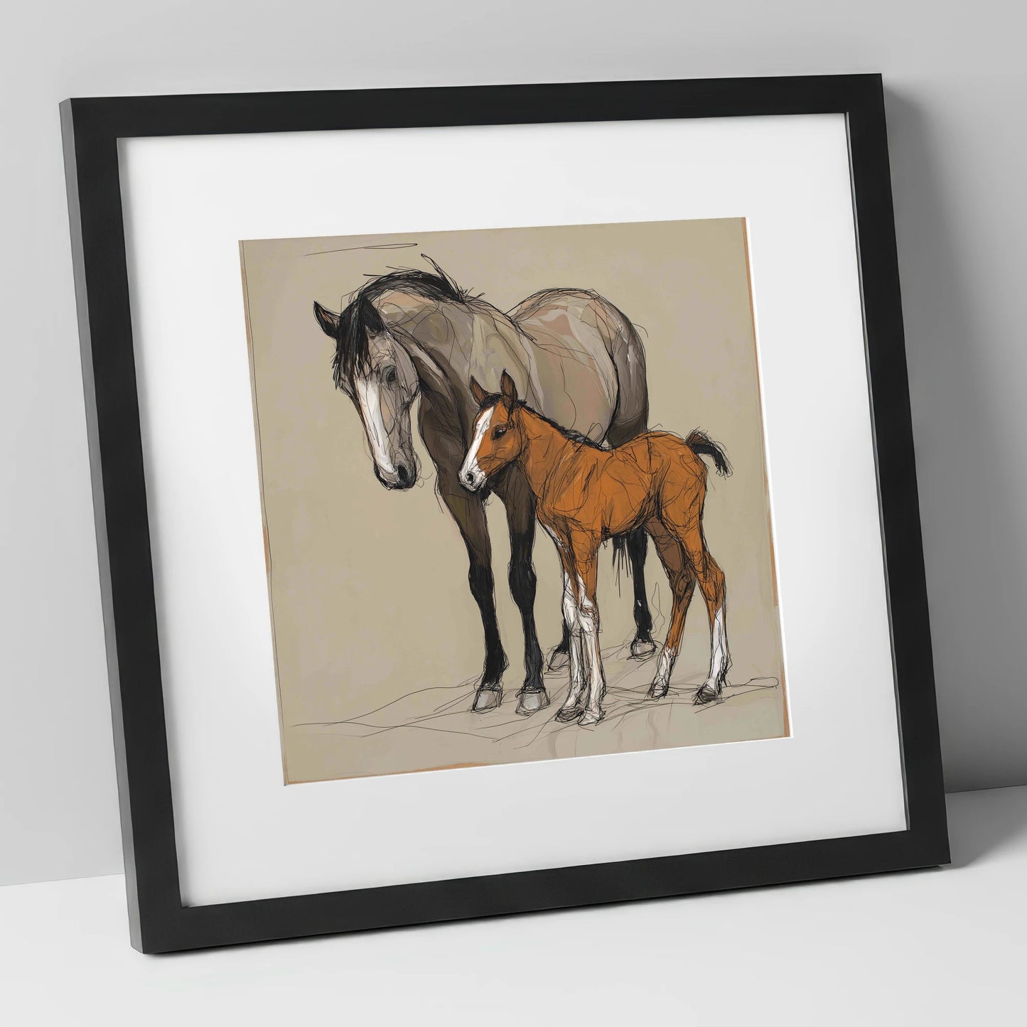 Gentle Guidance mare & foal art print in black frame