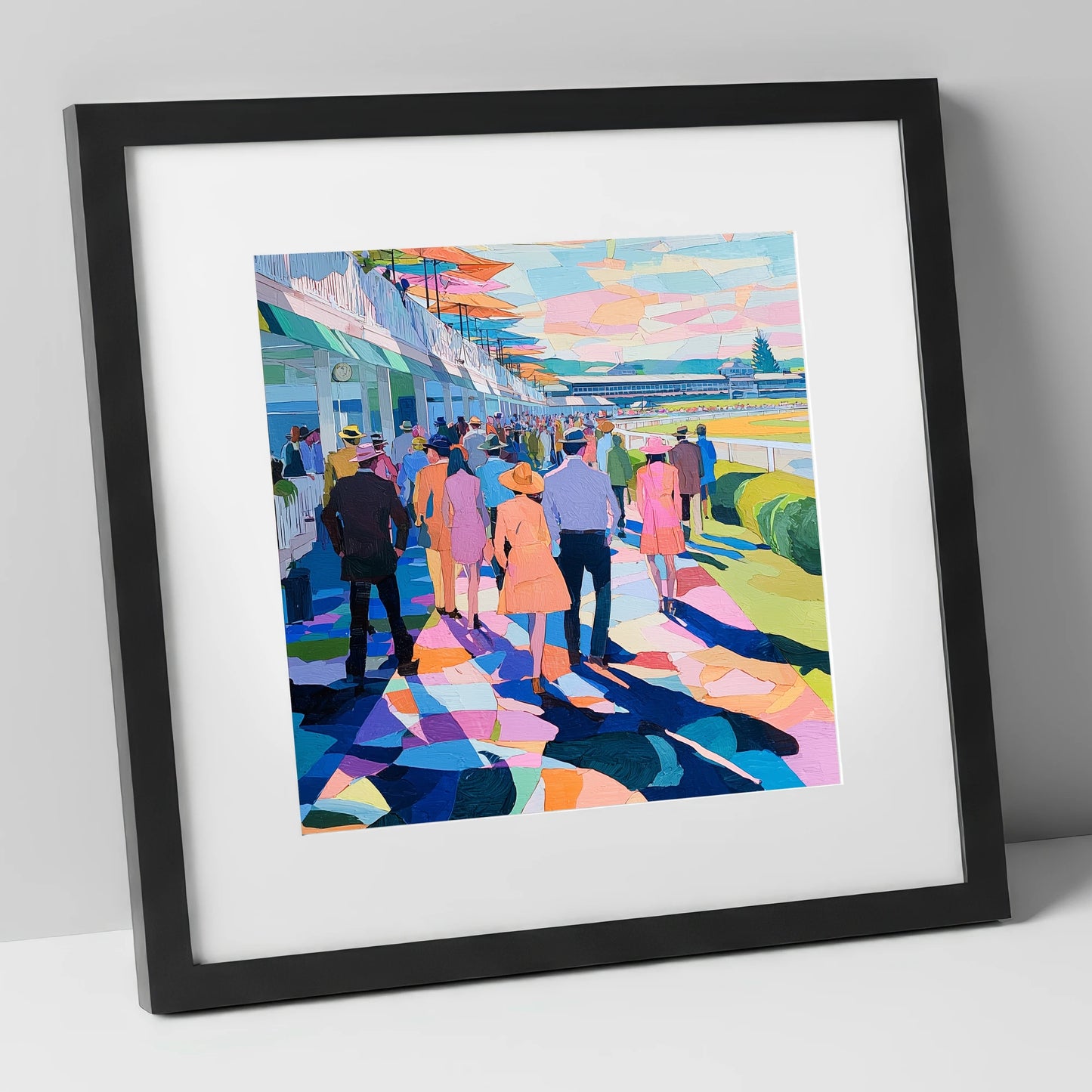 Vibrant Grandstand Parade racing horse art print in black frame