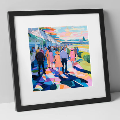 Vibrant Grandstand Parade racing horse art print in black frame