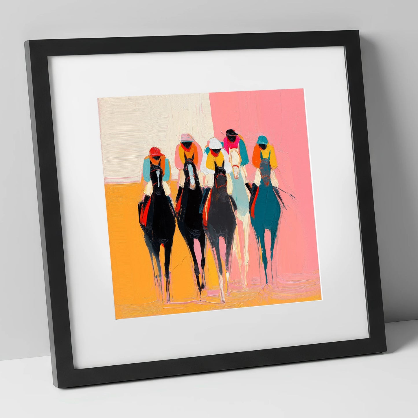 Charge to the Line racing horse art print in black frame