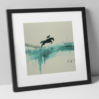 Airborne in Teal show jumping horse art print in black frame