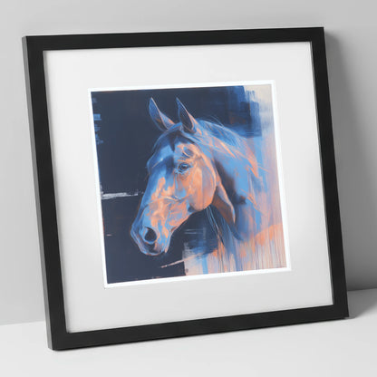 Cobalt and Copper Gaze horse portrait art print in black frame