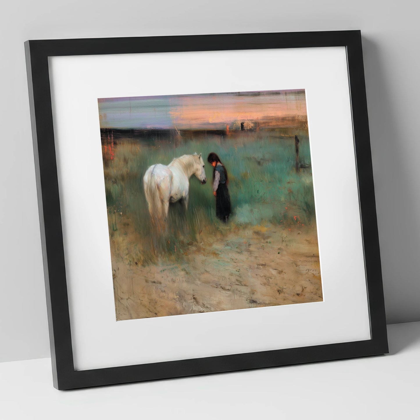 The Quiet Bond horse & rider art print in black frame