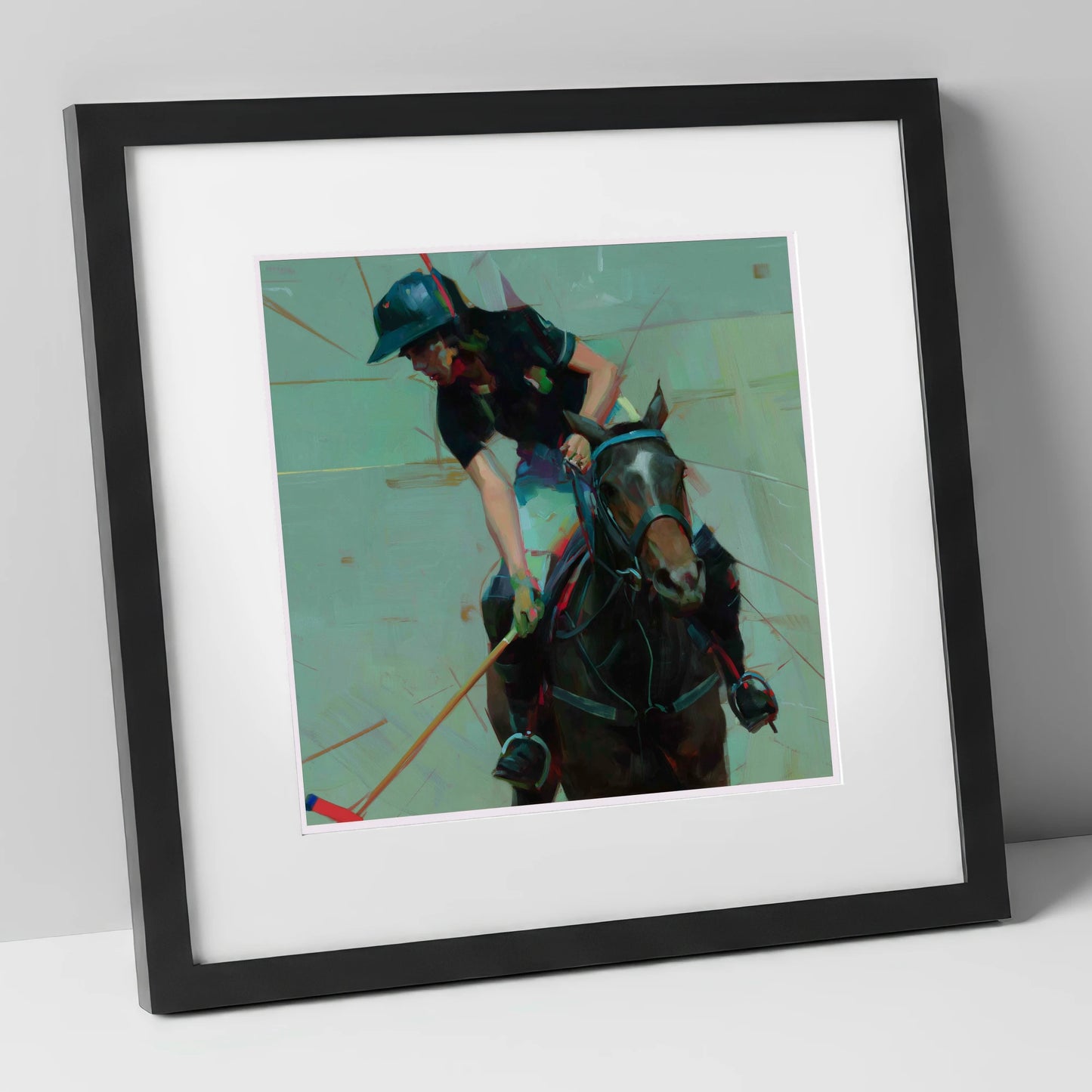 Mid-Match Focus polo horse art print in black frame
