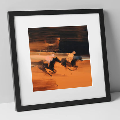 Amber Pursuit racing horse art print in black frame