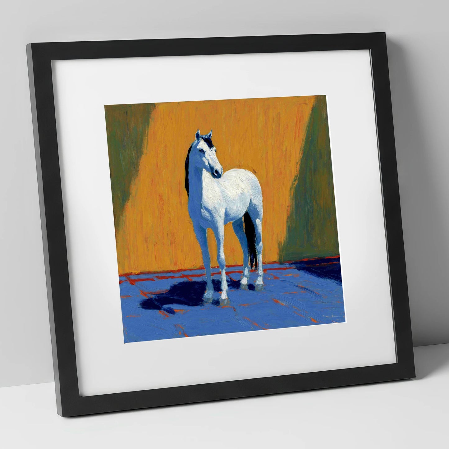 Sun-Drenched White horse breed art print in black frame