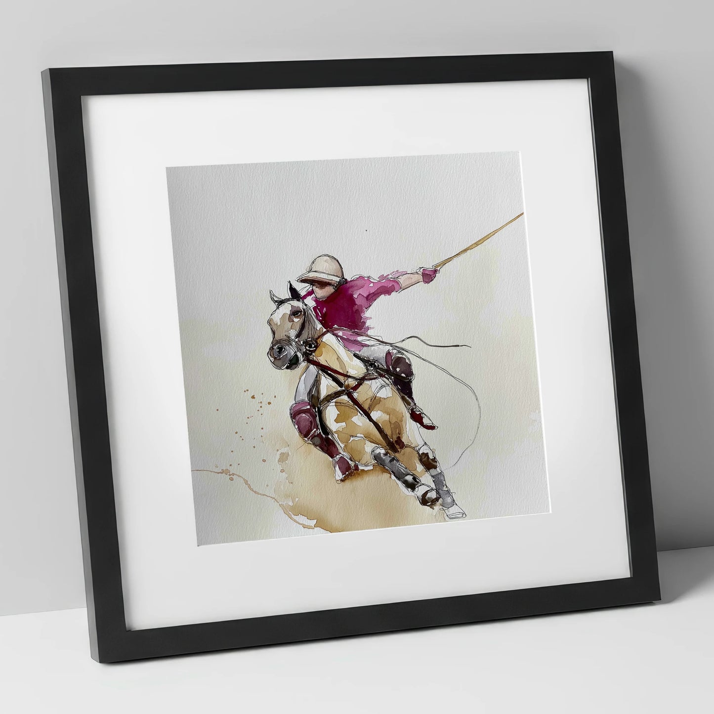 The Decisive Swing polo horse art print in black frame