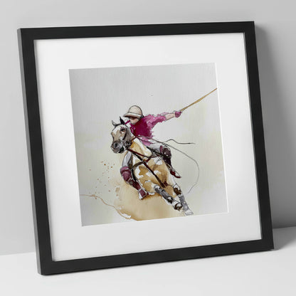 The Decisive Swing polo horse art print in black frame