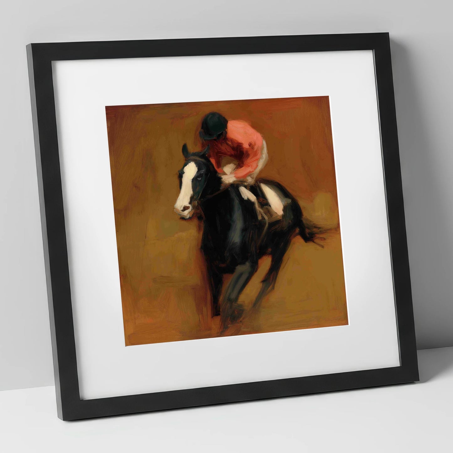 Terracotta Thunder racing horse art print in black frame