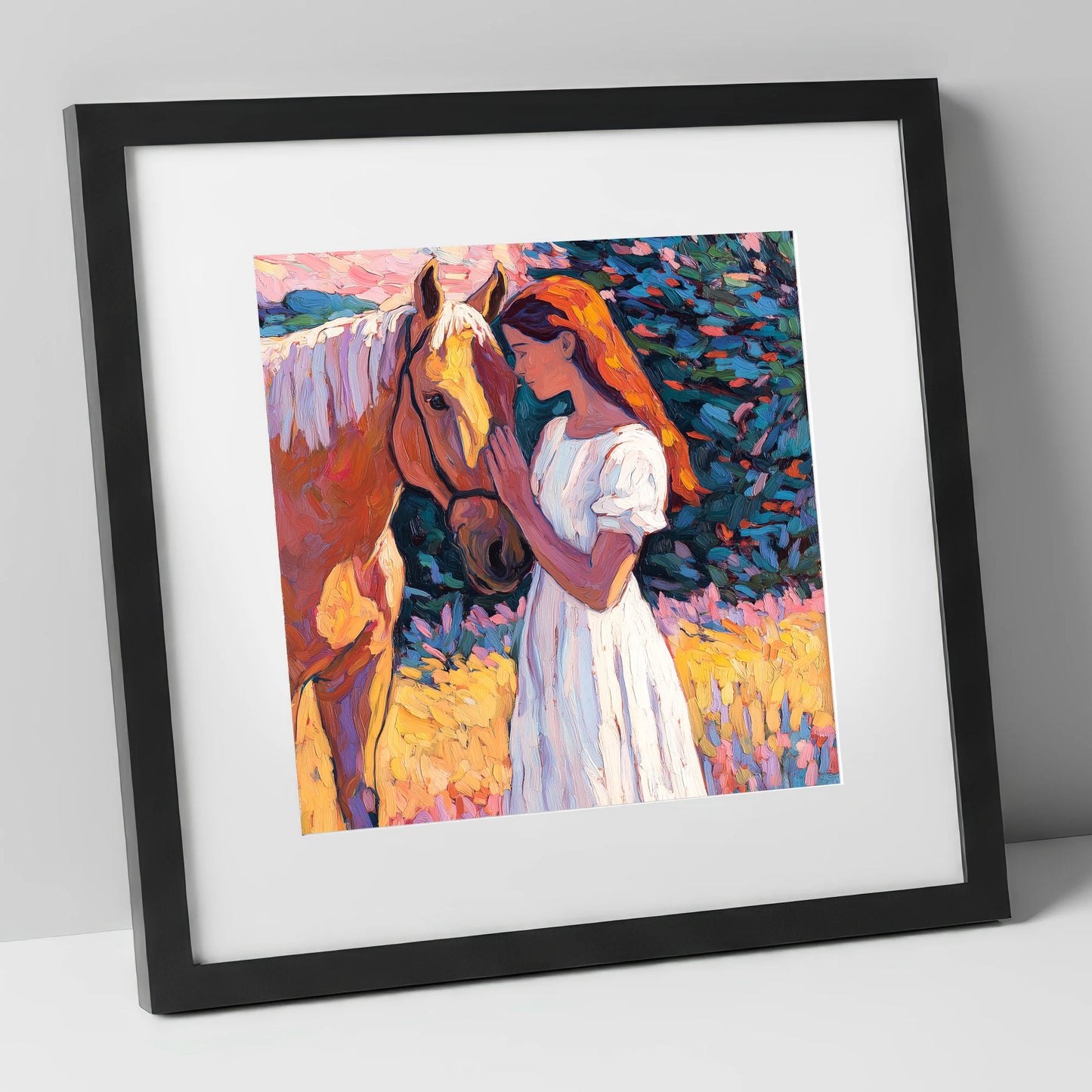 A Quiet Connection horse & rider art print in black frame